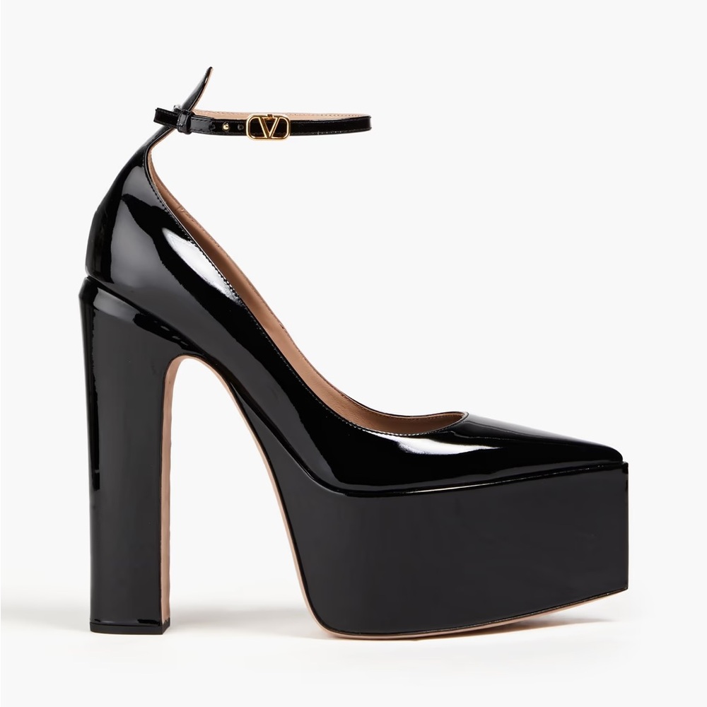 Valentino Garavani Black Patent Leather Platform Pumps with Ankle Strap